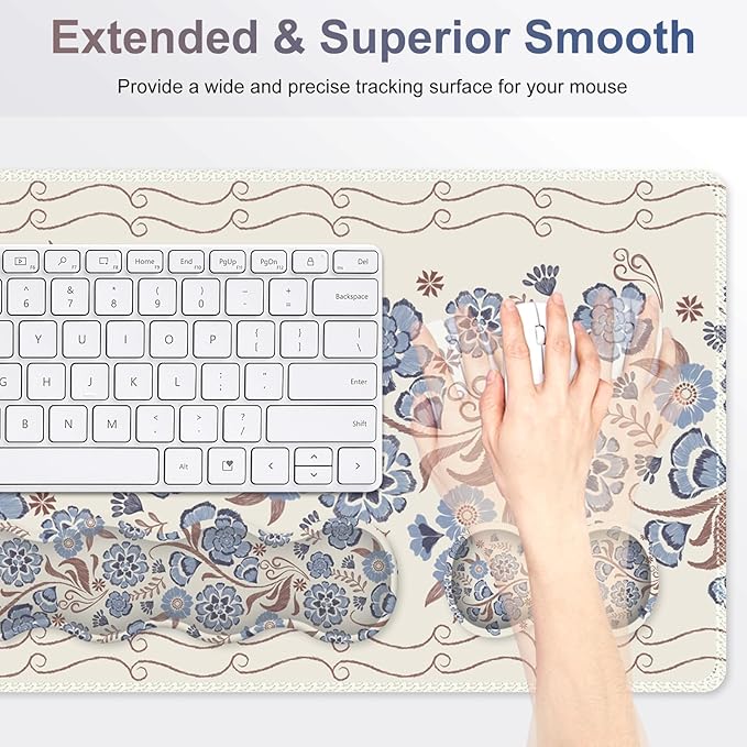 Desk Mat Gaming Mouse Pad, Cute Desk Matt Keyboard Wrist Rest for Desktop, Anti-Slip Big Mousepad Stitched Edges, XXL Large Mouse Pad with Wrist Support for Home Office I Vintage Blue Flower