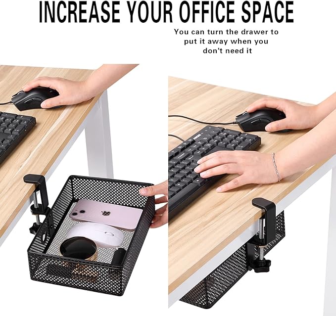 Mesh Desk Organizer and Clamp-on Swivel Pencil Drawer, Desk Hidden Extra Sturdy C-Clamp Mount System and Easy to Instal, Home Office Art Supply Storage Box (Black)
