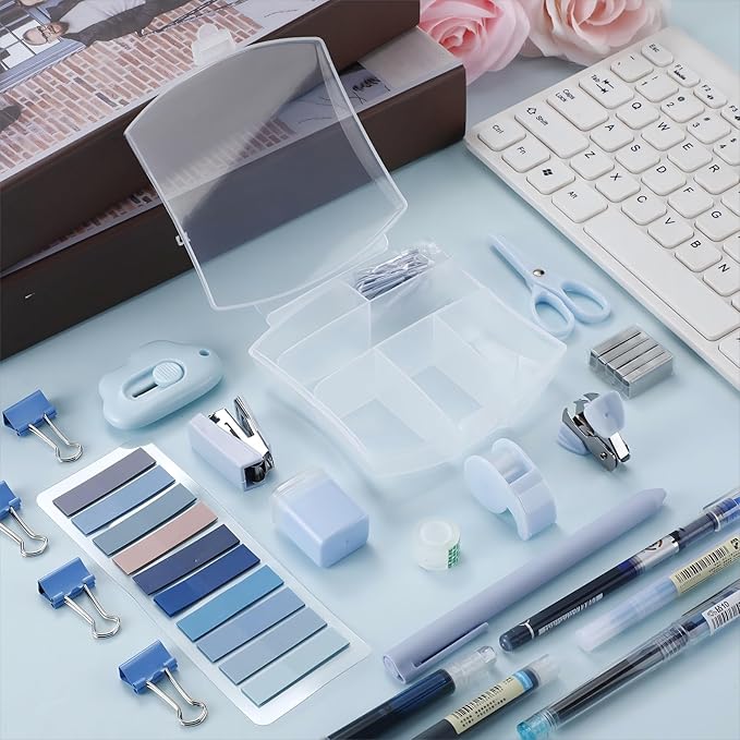 Colarr Mini Office Supply Kit Includes Stapler Tape Dispenser Staple Remover Paper Clips Scissor Staples Pen Sharpener Note Small Telescopic Knife for Office and School Clerk Student (Blue)