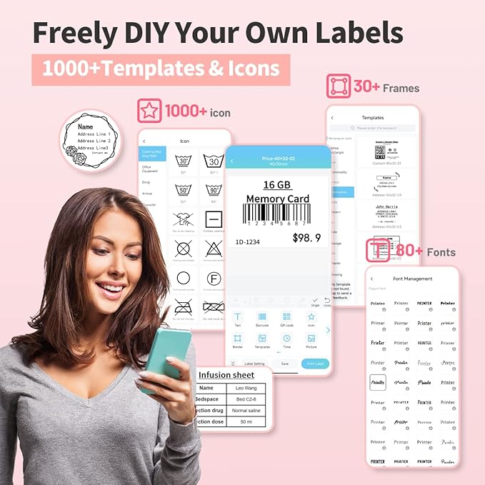 Phomemo Label Maker- M221 Label Maker Machine 3 Inch Bluetooth Thermal Barcode Printer for Small Business/Home Use, for Barcode, Address, Logo, Mailing, Stickers, Compatible with Phone & PC, Pink