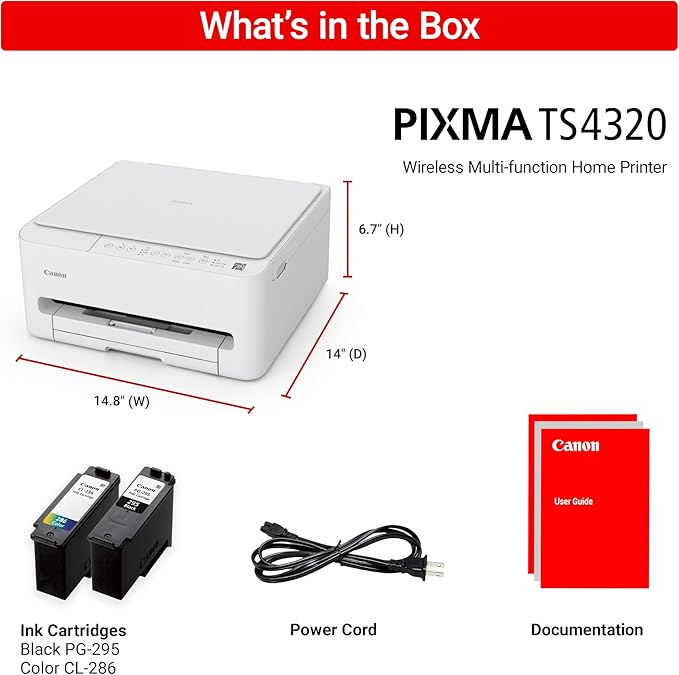 Canon PIXMA TS4320 Wireless Color Inkjet Printer for Duplex Printing, White – Cost Efficient Home Printer with Copier/Scanner, Compact Design, Easy Setup, 1 Year Limited Warranty