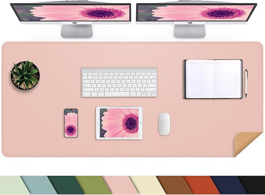 AFIING Leather Desk pad Protector, Large Non-Slip Office Desk Mat with Natural Cork & PU Leather, Waterproof Writing Mouse Pad for Office and Home (55in*17in,Pink)