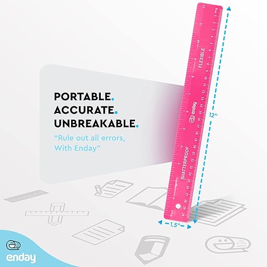 12 inches (30 cm) Shatterproof Flexible Rulers Designed in Black, Blue, Green, Pink, Purple, and Orange - Great for School, Home, & Office – (6 Pack)