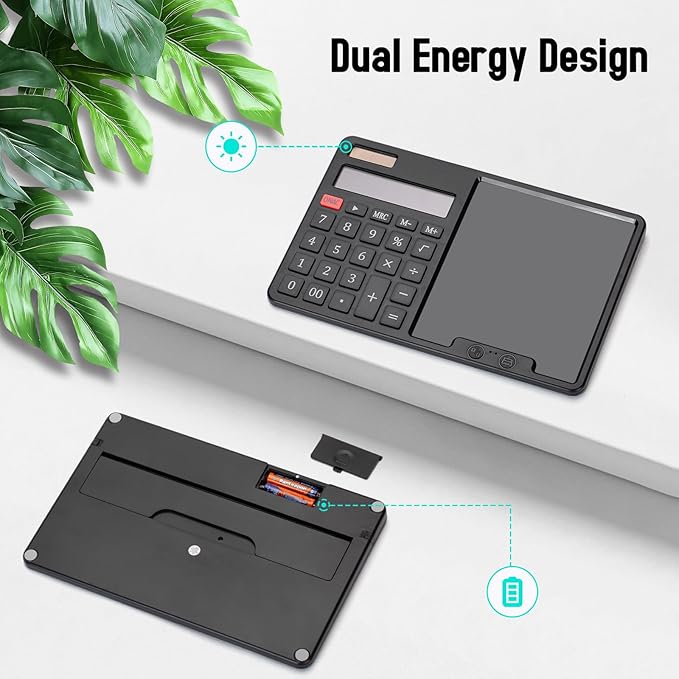 Calculator with Writing Pad - Solar & Battery Dual Power Supply - 12-Digit Large Display Calculator for Business and Office Use (Black)