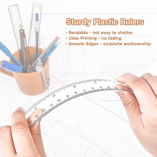 Plastic Ruler 12 inch, Clear Rulers with Hanging Holes, Inches, Centimeters, Millimeters, Straight Measuring Tools for Students, School and Office, Pack of 2
