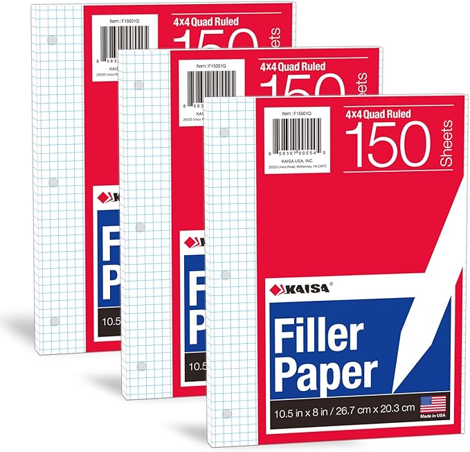 KAISA Graph Paper Filler Paper, 8"x10.5" 4x4 Graph/Quad Rule Filler Paper 3-Hole Punched 1/4inch Grid Paper Loose-Leaf Paper for 3-Ring Binders,150sheet/pack, 3pack F15001Q