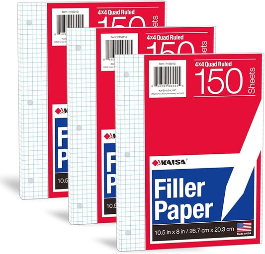 KAISA Graph Paper Filler Paper, 8"x10.5" 4x4 Graph/Quad Rule Filler Paper 3-Hole Punched 1/4inch Grid Paper Loose-Leaf Paper for 3-Ring Binders,150sheet/pack, 3pack F15001Q