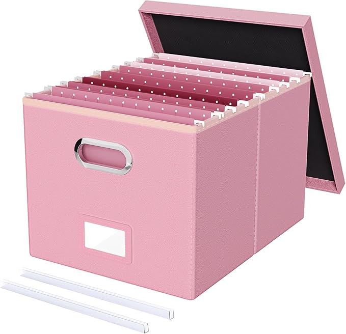 Oterri File Organizer Box,Filing Box with Lid,File Box for Letter/Legal File Folder Storage, Portable Hanging File Box for Office/Decor/Home,1 Pack, Pink(Leather),Box only