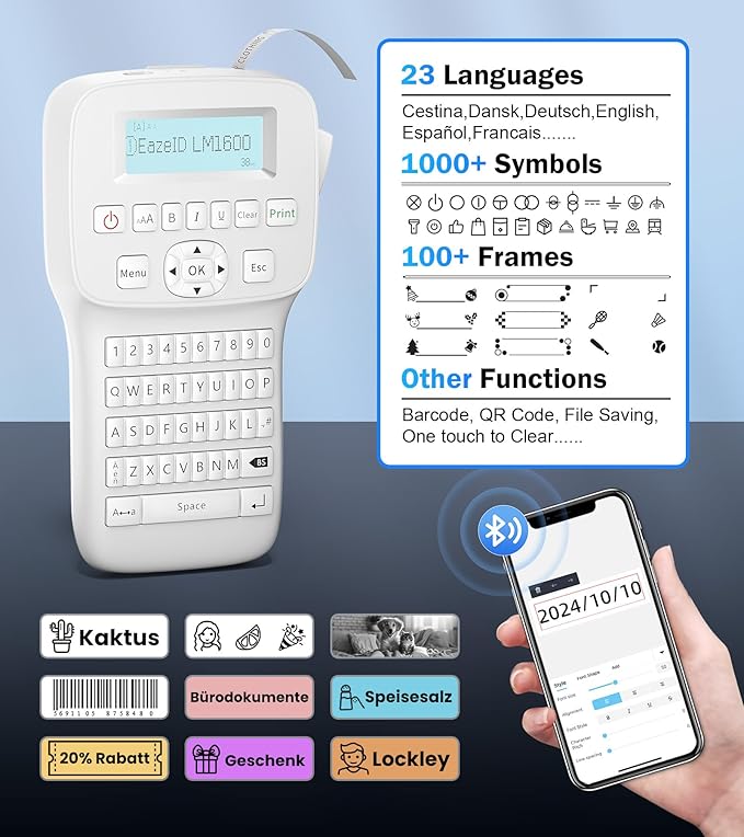 Handheld Label Maker Machine with-Tape Waterproof, Rechargeable Bluetooth Labeler with QWERTY Keyboard, Wire Cable Label Maker with Backlit LCD Screen, Ideal for Home Office School Organization