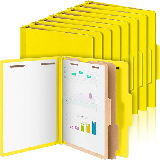 12 Pcs Classification Folders Letter Size Bulk - 2 Dividers Pressboard File Folder with 3. 5 Inch Expansion, 2 Prongs Fastener, Heavy Duty Office File Organizer for Teacher Medical (Yellow)