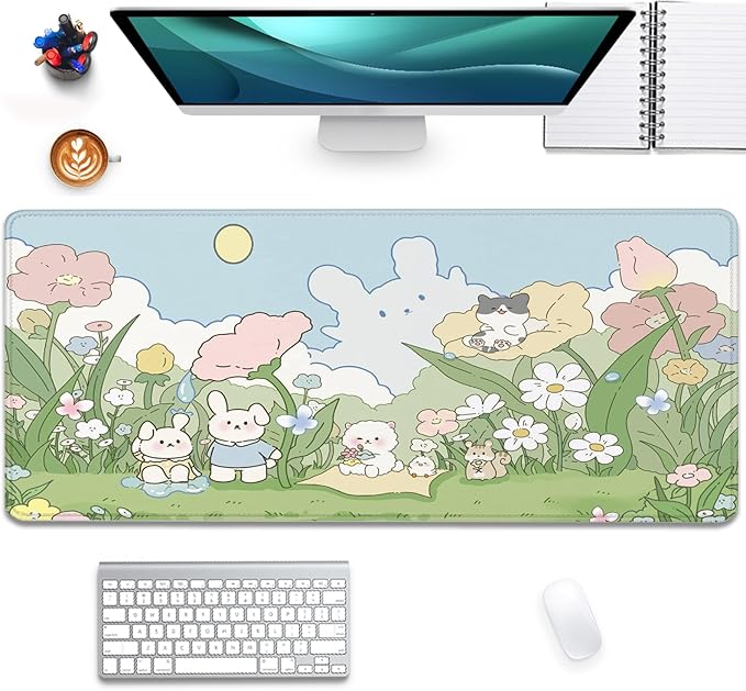 Cute Cartoon Bear Rabbit Cat and Flowers Extended Desk Pad Mouse Pad,Stitched Edges Non-Slip Rubber Base XL Mouse Mat Desk Mat for Office Home Work Floral Mousepad(27.5X11.8 Inch)