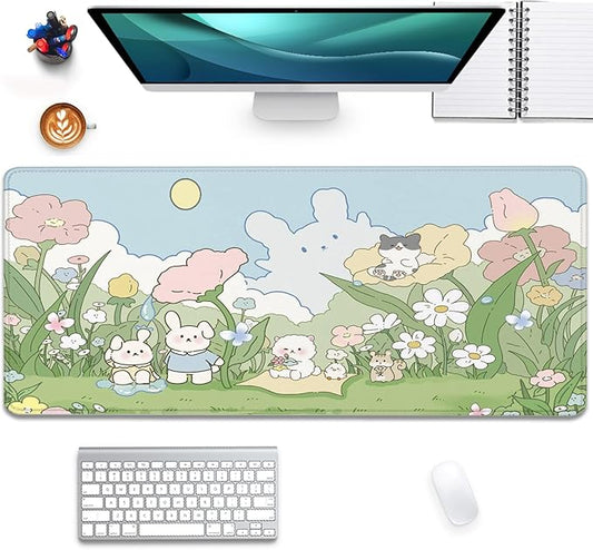 Cute Cartoon Bear Rabbit Cat and Flowers Extended Desk Pad Mouse Pad,Stitched Edges Non-Slip Rubber Base XL Mouse Mat Desk Mat for Office Home Work Floral Mousepad(27.5X11.8 Inch)