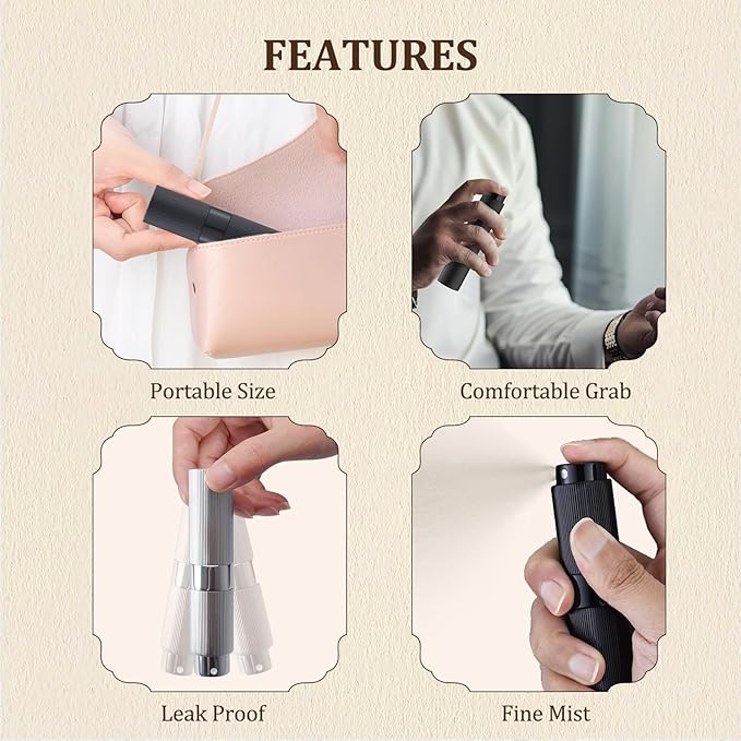 LISAPACK Perfume Travel Refillable Bottle - Atomizer Cologne Spray for Men Portable - Mini Sprayer Empty for Refill - Small Size 8ML Striped (Grey, Black, Silver)