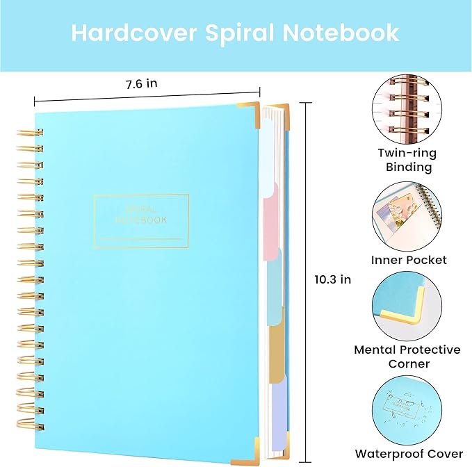 Hardcover Spiral Notebook with Tabs 8"x10" Large Spiral Lined Journals for Women with Dividers 240 Pages College Ruled Composition Notebook 5 Subject Notebook for Work, Back to School, Gifts, Blue