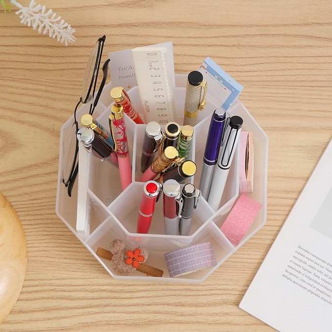 INSTOME Desktop Organizer with Pencil Holders,360°Rotating Pen Holder for Desk Organizer,9 Compartments and Makeup Brush Holders,Multifunctional Office Supplies for Home,Teachers and School (Clear)