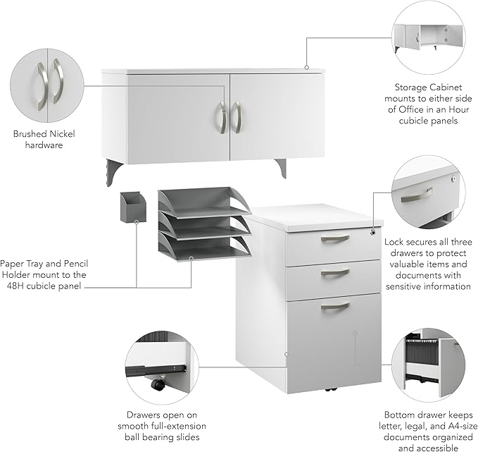 Bush Business Furniture Office in an Hour Cubicle Storage with Cabinet, Drawers, Paper Tray, and Pencil Holder in Pure White | Commercial Workspace Organization and Accessory Set