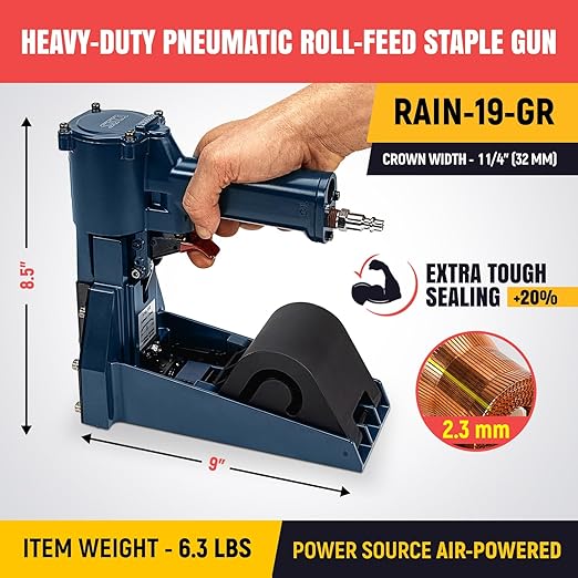 IDL Packaging RAIN-19-GR Heavy-Duty Pneumatic Staple Gun for Extra Tough Sealing with 1 1/4" (32 mm) Crown Staples - Heavy-Duty Air Powered Roll-Feed Stapler for Fast Box Closing