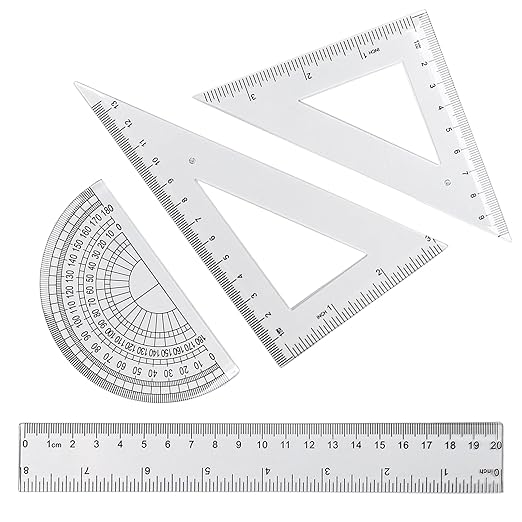 4 Pcs Math Geometry Set, Transparent Plastic Geometry Kit includes Protractor, Straight Ruler, Triangle Ruler, Clear Measuring Tools, Drafting Ruler for School and Office Supplies