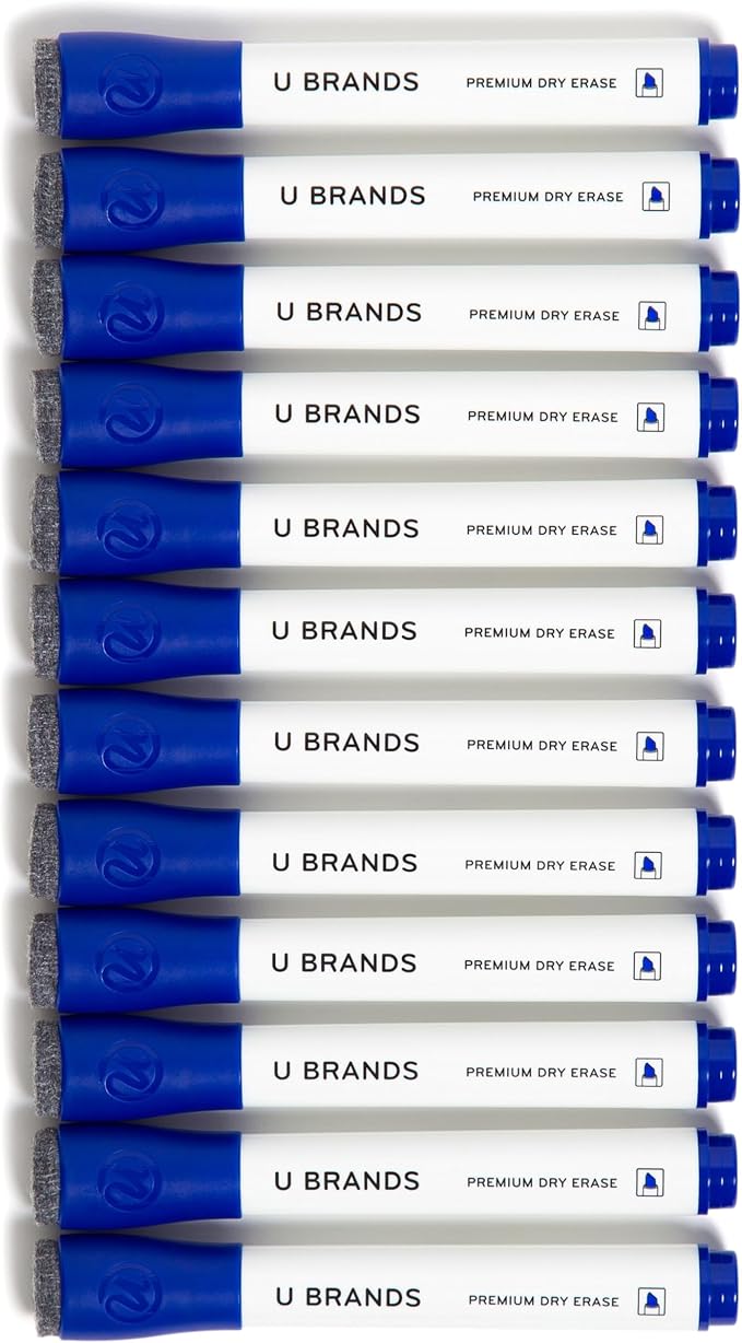 U Brands Fine Tip Dry Erase Markers with Eraser, Whiteboard Markers with Chisel tip, Low Odor, Blue, Set of 12