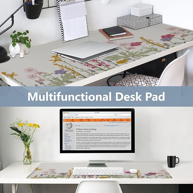 Mouse Pad Desk Mat Leather Desk Pad Large Gaming Desk Cover Protector Mat for Keyboard Computer Laptop Office Waterproof 35.4 x 16.5 Inch Simple Flowers Beige