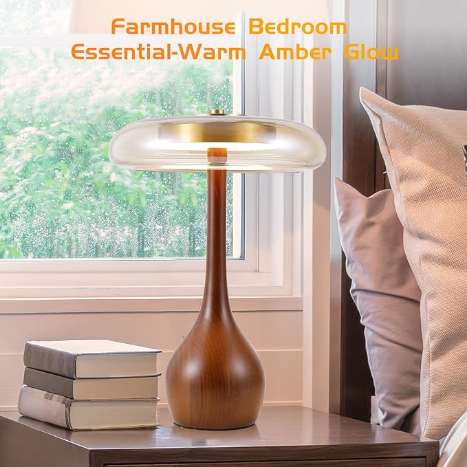 Small Table Lamp for Bedroom-Wooden Base Teardrop Mushroom Table Lamps,Amber Glass Shade,LED Three Color Temperature Adjustable Brightness Modern LED Side Table and Desk Lighting(H 12.4 in)