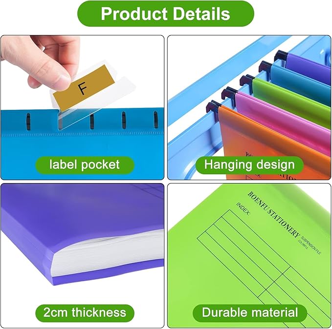 BOENFU 24 Pack Colored Hanging File Folders Letter Size Plastic File Folders with Adjustable Tabs, 2 Markers, Hanging Organizer File Folders for Efficient Filing