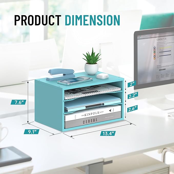 Wood Desk Organizer, 3 Tier Paper Tray Organizer for Desk with Adjustable Storage Shelves, Desktop Paper Sorter Mail Holder for Office Home Classroom, Blue