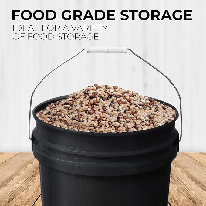 5-Gallon White Bucket Pail with Gamma Seal Screw on Airtight Lid, Heavy-Duty 90MIL Extra Durable, Food Grade, Metal Handles with Plastic Grip for Easy Carrying, Easy Stack & Store, BPA Free - 5 Pack