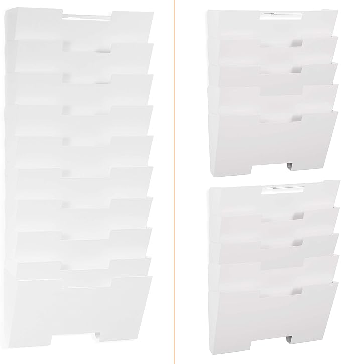 Wallniture Lisbon 10-Tier Wall Mounted File Holder and Desk Organizer, Metal White Office Organization and Storage Rack