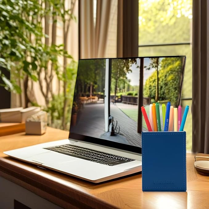 UnionBasic Square Pen Holder, Leather Pencil Cup, Desktop Caddy Stationery Organizer, True Blue