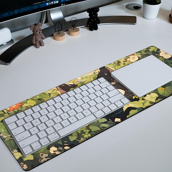 Large Mouse Pad Black Cat in Flower Garden Extended Gaming Mousepad Waterproof Desk Pad with Non-Slip Base and Stitched Edge Keyboard Pad 11.8 x 31.5 Inch Mouse Mat for Home Office Decor