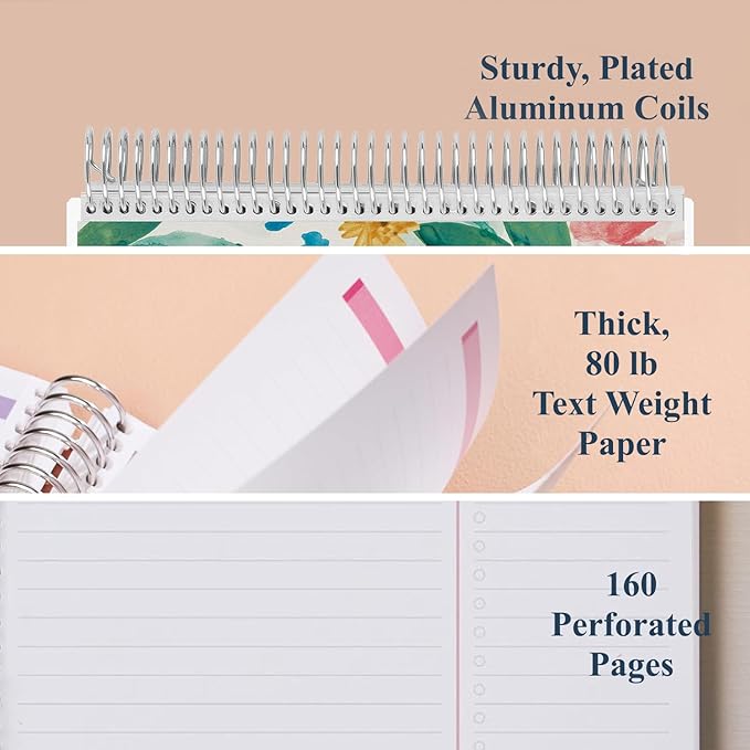 Erin Condren 7" X 9" Spiral Bound Productivity Notebook - Watercolor Blooms, Functional 160 Lined Page and 80Lb Thick Paper Spiral Notebook, Stickers Included