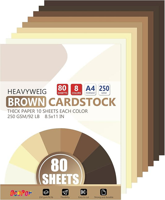 OcePor 80 Sheets Brown Cardstock Paper, Colored Printer Paper 8.5 x 11, Thick Construction for Cards Making, Scrapbook，Office Printing, Invitations, Certificates，DIY Crafting 92 lb/250gsm