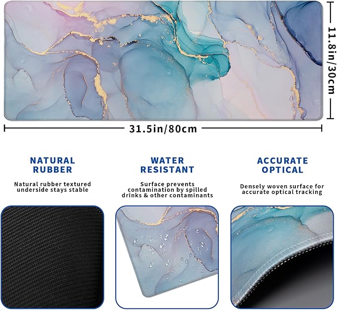 Teal Marble Mouse Pad Abstract Marble Mouse Pad 31.5x11.8 Inch Texture Non-Slip Rubber Base Large Mousepad Stitched Edges Keyboard Mouse Mat Desk Pad for Office and Home