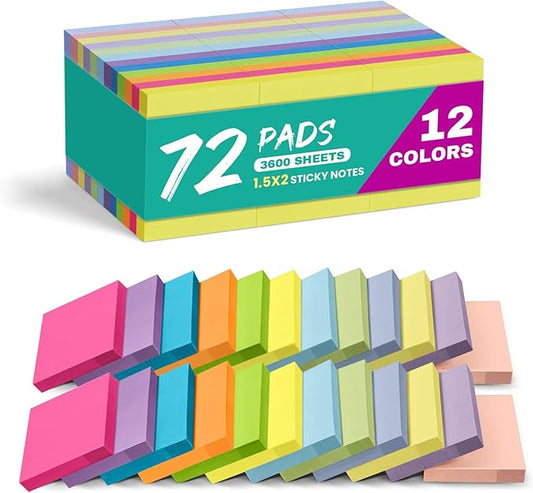 72 Pads Sticky Notes, 1.5x2 inches, Mini Soft Paste Self-Stick Note, 12 Colors Small Sticky Pads Perfect for Office, Study, and Home Life Organization-72 Pack
