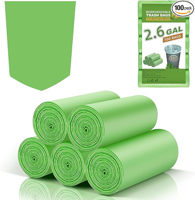 Compostable Trash Bags 2.6 Gallon - Unscented Biodegradable Small Garbage Bags Strong Thick 100 Count 10 Liter Bulk Recycling Waste Basket Liners for Kitchen, Yard, Lawn, Office