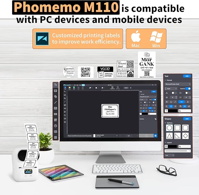 Phomemo M110 Label Makers - Portable Bluetooth Thermal Label Maker Machine,Label Printer for Name, Barcode, Clothing, Jewelry, Retail, Mailing, for Android & iOS, with 1Pack 40×30mm Label, White