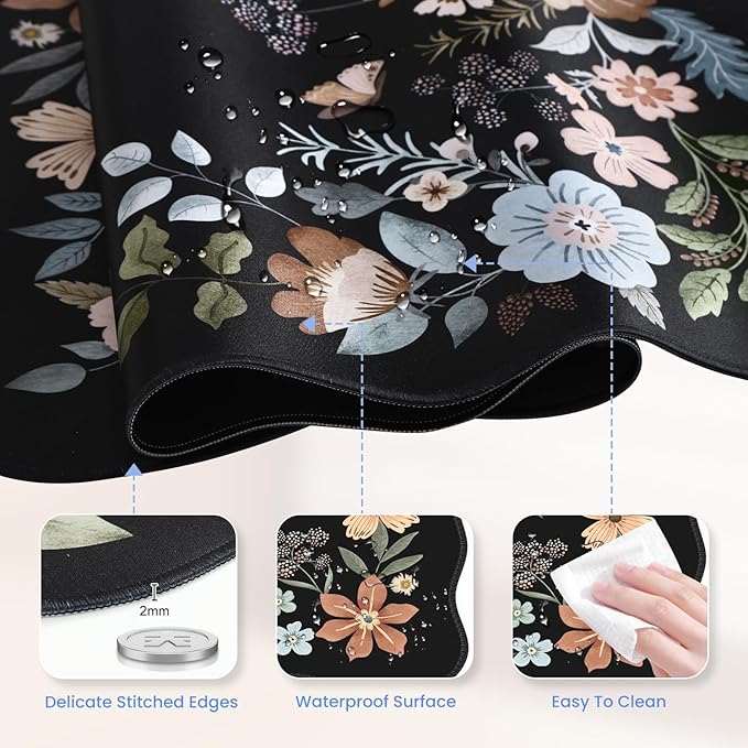 HAOCOO Desk Mat for Keyboard and Mouse, Large Scalloped Desktop Mat, Floral Mouse Pad for Desk, Washable Computer Desk Mat with Edge Stitching, Non-Slip Large Mouse Pad for Office, Home(Black)
