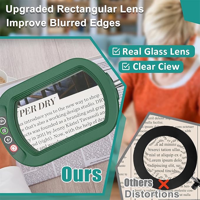 10X Rectangle Magnifying Glass with Light, 5 Color Modes Stepless Dimmable Magnifier with Stand, LED Lighted Clamp Desk Lamp with Swing Arm, Hands Free for Reading Painting Close Work - Green