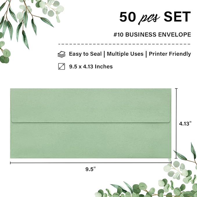 50 Pack #10 Business Envelopes, Self Seal Standard Sage Green Envelopes for Secure Business & Legal Mailing, Office, Checks, Letter, Invoices, 4 1/8 x 9 1/2 Inches