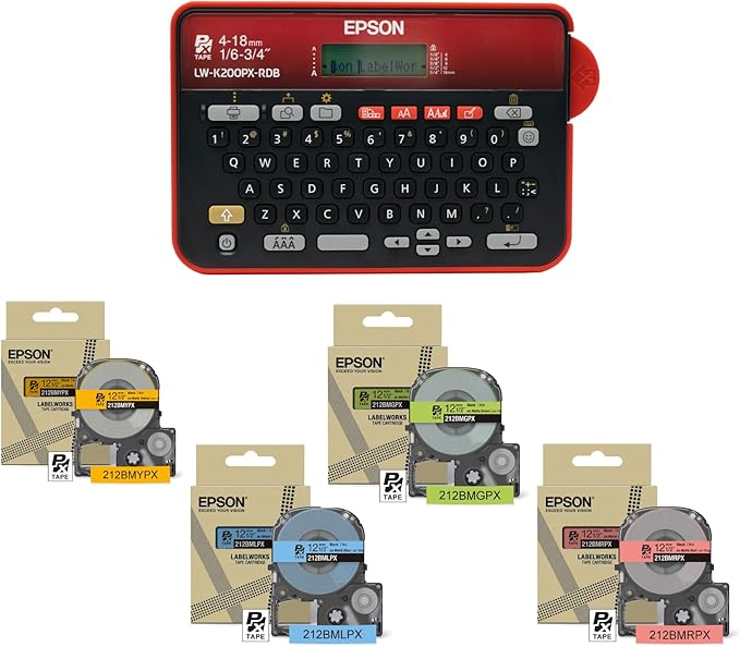 LABELWORKS Epson LW-K200PXRDB Printer and Primary Tapes - Label Maker and Primary Colored Matte Label Tapes