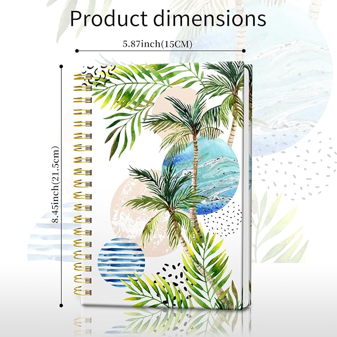 Spiral Journal Notebook, Hardcover Lined Journal for Women, Medium 6 x 8.4 in, 120 Pages Thick Paper, College Ruled Notebook for Writing, Work, Office, and School,Watercolor Palm Trees