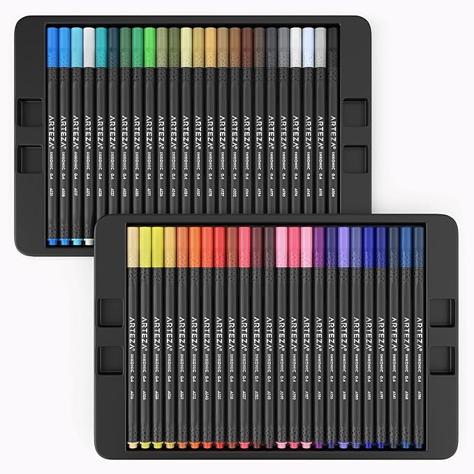 ARTEZA Inkonic Fineliners Pens, Set of 48, 0.4 mm Fine Tip Markers, Water-Based Art Pens for Drawing, Sketching, Journaling, Calligraphy