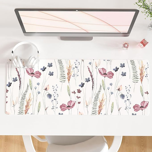 QiyI Large Mouse Pad, Cute Flower Desk Mat for Desktop, Women Girls Floral Office Décor Accessories, PU Leather Waterproof Big Gaming Mousepad, Wildflowers Desk Pad Computer Mat, 31.5" x 11.8"