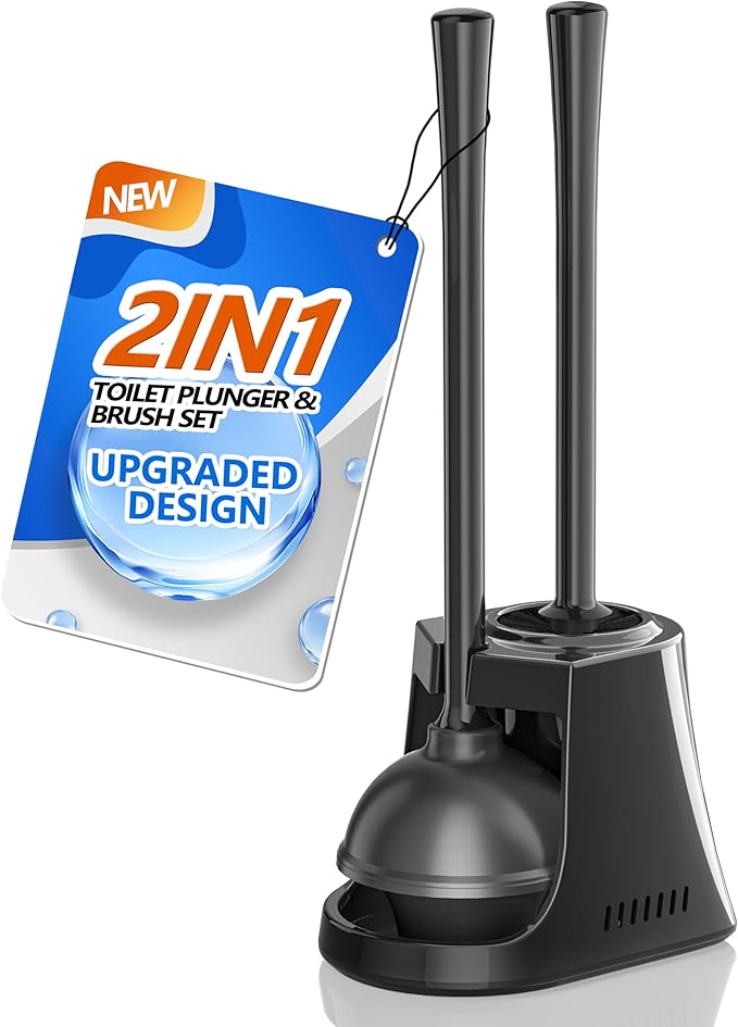 Toilet Plunger and Brush with Holder, Bowl Brush and Heavy Duty Toilet Plunger Set with Ventilated Holder, 2-in-1 Toilet Brush and Plunger Combo for 5.3-inch Toilet Drain New Pack