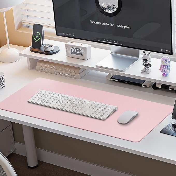 Boutilon Leather Desk Pad Protector,Non-Slip Mouse Pad,Laptop Desk Pad,Office Mouse Mat,Waterproof Leather Desk Blotter,Desk Writing Pad for Office and Home (L-Light Pink,35"x 17")