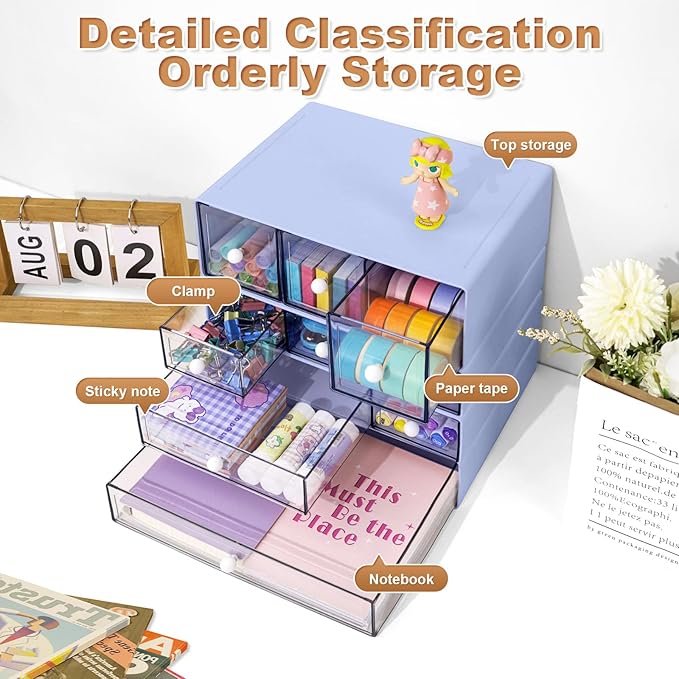 Desk Organizer with 9 Drawers, 4 Tier Plastic Stackable Storage Drawers for Desk Storage, Office Stationary Makeup Organizer Suit for Home, Office and School