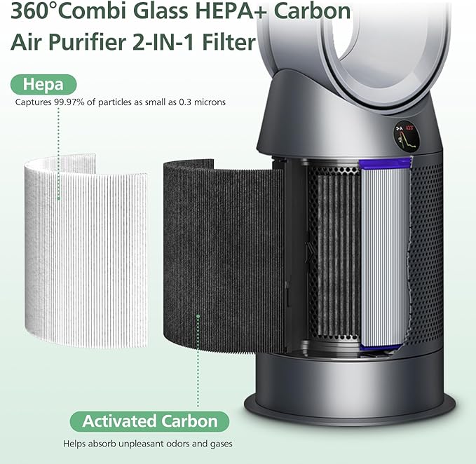 360 Combi Glass HEPA + Carbon Filter Replacement for Dyson HP1 TP09 TP07 TP06 TP04 TP10 TP7A HP04 HP06 HP07 HP09 HP10 HP4A HP7A PH01 PH02 PH03 PH04 PH3A DP04 PC1 Air Purifier, 2 Pack, Black