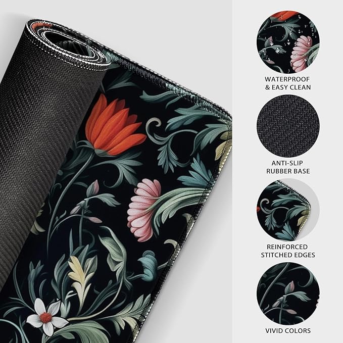 Dark Floral Pattern Large Gaming Mouse Pad 31.5"x15.7"｜XXL Desk Mat, Non-Slip Rubber Base & Stitched Edges - Extended Waterproof Mousepad for PC/Laptop/Office/Home Decor