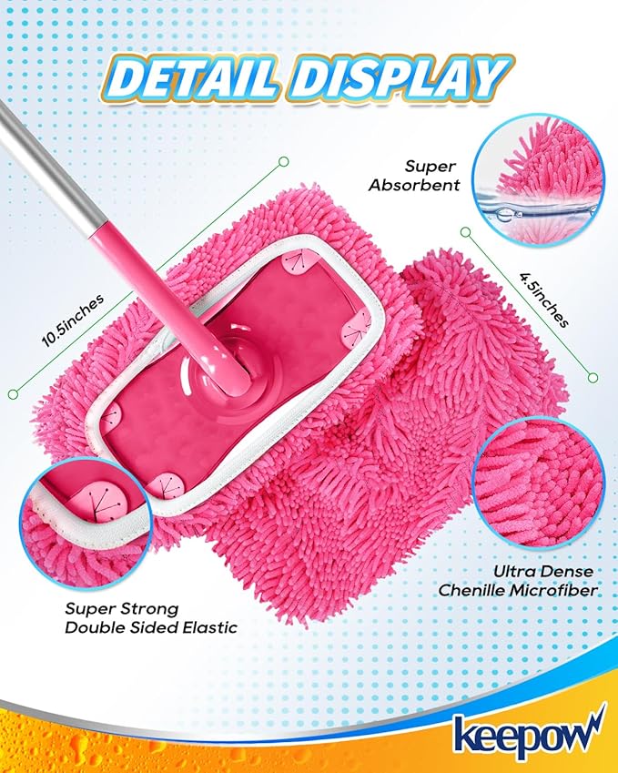 KEEPOW Pink Reusable Dry Sweeping Cloths Microfiber Wet Mop Pads Compatible with Swiffer Sweeper Mop Replacement Sweeping Mopping pad Refills for Hardwood Surface Floor Cleaning (6PCS)